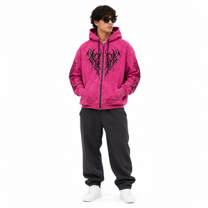 Sudadera Rosa Personalizada Vintage Y2K con Lavado Ácido, Cremallera Completa, Gráfico Tribal Gótico, Oversize, de Algodón Pesado, Estilo Urbano - Product Image 4