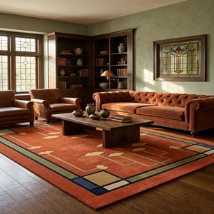 Alfombra de Lana Naranja Inspirada en el Arte y la Artesanía, con Borde Floral Hecho a Mano, Estilo Misionero, para Sala de Estar, Dormitorio, Decoración Vintage - Product Image 1