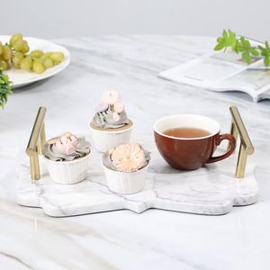 <b>Marble</b> Modern Shaped Serving <b>Tray</b> with Scalloped Edge Vintage Brass Tone Handles Elegant Decorative Vanity <b>Tray</b> for Coffee - Product Image 6