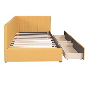 Divano letto imbottito a una piazza e mezza con 2 cassetti contenitore, in tessuto di lino, senza bisogno di rete a molle - Giallo - Product Image 6