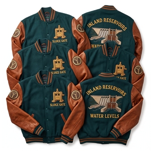 Blouson universitaire en gros vert sarcelle avec corps en laine et manches en cuir marron rouille, modèle Letterman - Product Image 1