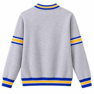 Sweat-shirt à col rond en chenille grise Sigma Gamma Rho avec poche et bordure côtelée rayée bleu roi et or, vêtements de sororité grecque - Product Image 4