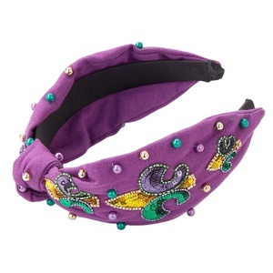 ที่คาดผมประดับลูกปัดมาร์ดิกราส์ระดับพรีเมี่ยมสีม่วงไม่ซ้ำใครสายคาดผมปักเลื่อมแบบผูกด้วยไข่มุกและตกแต่งพลอยเทียม - Product Image 1