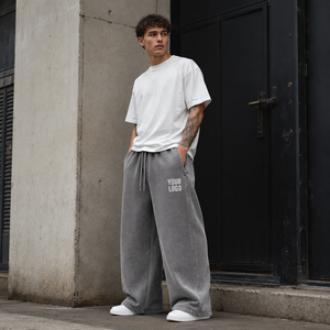 Men's Oversized Wide Leg Cotton Fleece <b>Trousers</b> Thermal <b>Drawstring</b> Waist Elastic Solid Winter OEM Manufacturer - Product Image 1