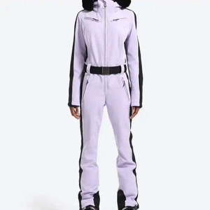 Custom Logo Women's One Piece Ski Suit Waterproof Windproof Slim Fit Belted Snowsuit with Faux Fur Hood Winter Snow <b>Jumpsuit</b> - Product Image 5