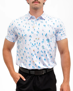 Polo à manches courtes blanc pour homme, imprimé station de ski, en coton Oxford, coupe décontractée, boutons sur le devant, longueur normale - Product Image 3