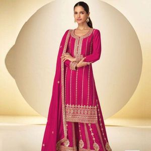 Premium Heavy Chinon Embroidered <b>Top</b> Palazzo Set With Designer <b>Sequins</b> Dupatta <b>Party</b> Wear Manufacturer By Royal Exports - Product Image 1