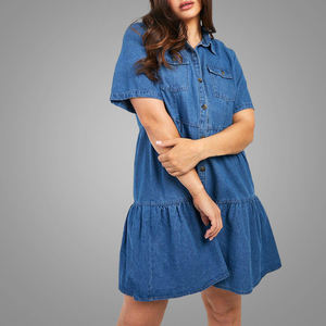 Plus Size Bodycon Natural Waist Eco-Friendly 220g Solid Knee-Length Denim Cotton Short Sleeve Casual <b>Button</b> Front Dresses - Product Image 2