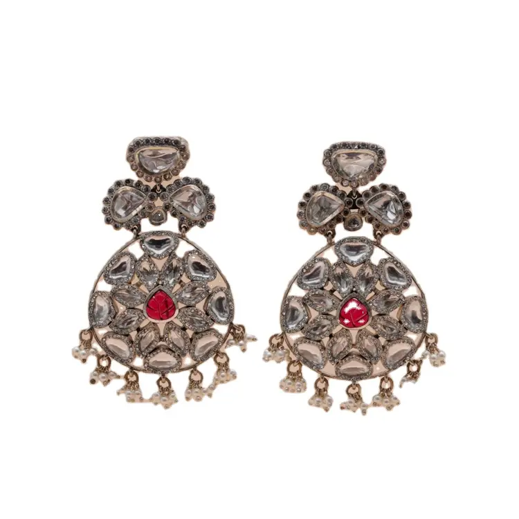 Hot Sale 925 Sterling Silver Flower Inspired Statement Glass Earrings with Red Stones and Pearl Beads for Sale