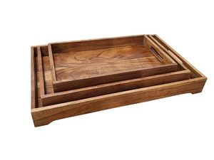 Acacia Wood Serving Tray Set with Handles Floral Plant Pattern Modern Design Rectangle Platter for Kitchen Dining Room - Product Image 1