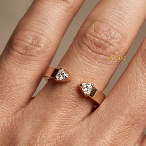 14K Gold Triangle Moissanite <b>Open</b> Band <b>Ring</b> Elegant Luxury Solitaire Diamond Style <b>Ring</b> Custom Fine Jewelry - Product Image 1