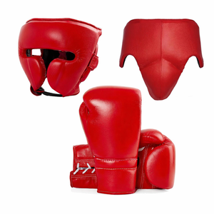 Conjunto de Equipo de Boxeo Personalizado Rojo, Guantes de Entrenamiento de Muay Thai y Kick Boxing, Protector de Cabeza, Protector Inguinal, Cuero Vacuno Impermeable - Product Image 2