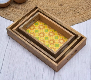 Rehman Craft <b>Coffee</b> <b>Table</b> Decorative MDF Wooden Tray Set Yellow Mandala Printed Base Natural Wood Grain Frame Wedding - Product Image 5
