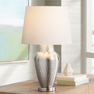 New design Hammered <b>Silver</b> <b>Table</b> Lamp Luxury Textured Metal Base White Fabric Shade Elegant <b>Bedside</b> Nightstand Light Home Decor - Product Image 2