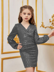 Vestido Corto Gris con Lentejuelas para Niña, Cuello en V, Bordado de Terciopelo, Tul Pesado, Vestido Formal para Niños, para Cumpleaños y Bodas - Product Image 6