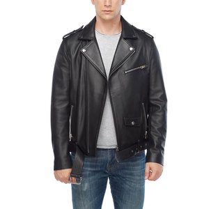 Blouson moto en cuir véritable pour homme avec fermeture éclair et col rabattable, style automne, coupe classique, noir - Product Image 1