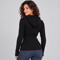 Cardigan court côtelé noir uni personnalisé à capuche avec fermeture éclair bidirectionnelle, coupe ajustée, chaud pour l'hiver, en maille tricotée