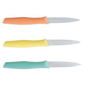 Couteaux à éplucher multicolores avec manche pêche, jaune et vert menthe, ensemble de trois outils de cuisine pour l'épluchage des fruits et la préparation des légumes - Product Image 3