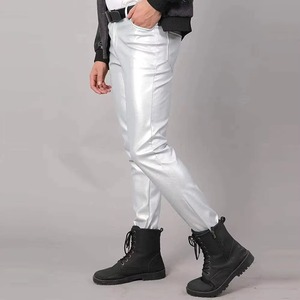 <b>Men's</b> <b>White</b> PU Coated Straight Fit Casual <b>Pants</b> With Belt Mid Waist Zipper Fly - Product Image 3