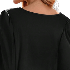 Chemisier noir à manches longues pour femme, col rond, taille smockée, poignets décontractés, élégant, coupe ample, idéal pour le bureau et le quotidien, tendance - Product Image 4