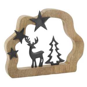 Ornement décoratif circulaire cerf et sapin argentés avec base en bois pour décoration de Noël, objets au design personnalisable - Product Image 2
