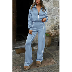Light Blue Tracksuit <b>Set</b> Full Zip Long Sleeve Loose Fit Side Stripe Casual Sportswear <b>Knitted</b> Polyester Two Piece Outfit - Product Image 3