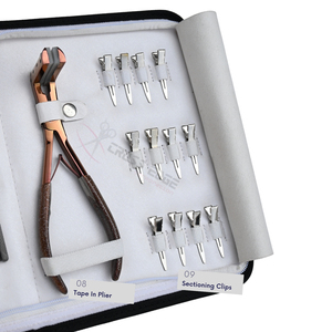 Herramientas al por mayor para extensiones de cabello con microanillos y cinta adhesiva, que incluyen alicates abridores y cerradores de microanillos, pinzas de seccionamiento, tijeras y herramienta de gancho. - Product Image 4