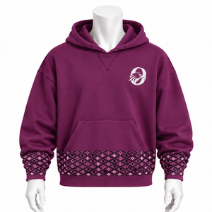 Sweat-shirt à capuche pour homme en molleton épais, couleur prune, avec bordure brodée, ourlet décoratif et poche kangourou, pour usage décontracté en hiver - Product Image 1