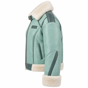 Mint Sage Green Womens Genuine Sheepskin Shearling Leather <b>Jacket</b> Cream <b>Fleece</b> Plush Lapel Buckled Collar Winter <b>Warm</b> Coat - Product Image 4