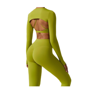 Conjunto de yoga de 2 piezas de secado rápido con logo personalizado de fábrica, top deportivo de manga larga con espalda cruzada y leggings de yoga ajustados con efecto levantacola. - Product Image 3