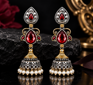 Boucles d'oreilles pendantes Jhumka en laiton plaqué or et argent antique, bicolores oxydés, style indien bohème, avec serti clochette, pour mariage, vente en gros - Product Image 4