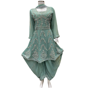 Conjunto FAMUCAAS rojo/borgoña estilo afgano con Kurti/Frock y pantalón Salwar, con bordado a mano en georgette, ideal para bodas y fiestas. - Product Image 2