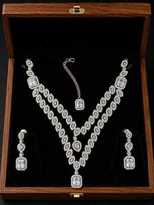 A.<b>D</b> Silver Set Women's <b>Necklace</b> Earring Set Crystal Rhinestone Geometric Design High Quality Latest Designed Party Silver Plated - Product Image 1