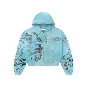 Custom Cotton Boxy <b>Cropped</b> <b>Zip</b> <b>Up</b> Hoodie Heavyweight Acid Wash Rhinestone Streetwear - Product Image 2