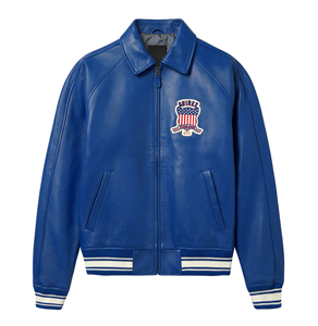 Chaqueta de Cuero Azul Rey Avirex para Hombre, Estilo Bomber con Parche de EE. UU., Resistente al Viento y Ecológica, Ropa Urbana - Product Image 1