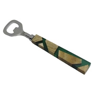 En promotion : Ouvre-bouteille manuel en acier inoxydable avec manche en bois, design géométrique vert et marron - Product Image 4