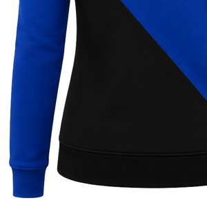 Sudadera con capucha de manga larga para mujer, personalizada, azul real y negra, con 2 paneles cruzados y cremallera completa, estilo color block, informal, para hermandades universitarias - Product Image 3