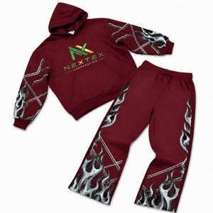 Ensemble sweat à capuche et pantalon de survêtement personnalisé pour homme, imprimé flamme, 2 pièces, tenue streetwear hiver, style hip-hop, survêtement polaire - Product Image 4