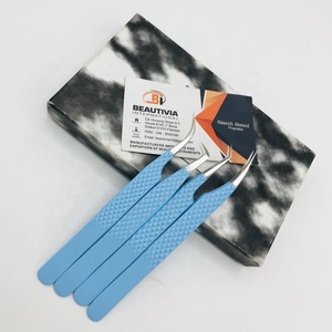 แหนบต่อขนตาสแตนเลสสีฟ้าเคลือบสีฟ้าติดเพชรแบบมืออาชีพปลายแหลม - Product Image 4