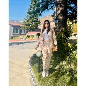 Ensemble de costume coordonné blazer beige Ikat pour femme, élégant et stylé - Product Image 5