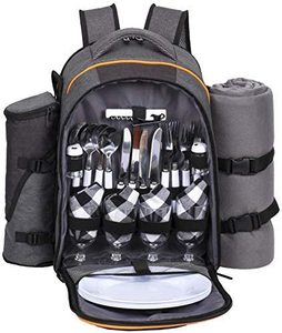 Gray 4 Person Insulated Picnic Backpack Cooler Bag Polyester Outdoor <b>Lunch</b> Rug and Utensil <b>Set</b> - Product Image 1