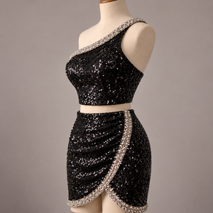 Vestido de Noche de Dos Piezas con Lentejuelas Negras, Top Corto de Un Hombro y Minifalda, Atuendo de Cóctel con Pedrería - Product Image 3