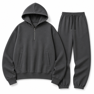 Conjunto de sudadera con capucha y pantalón de chándal de dos piezas para hombre, con media cremallera, de mezcla de algodón, corte holgado, estilo urbano casual, liso - Product Image 6