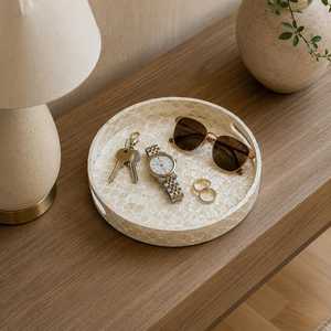 Ensemble de 2 plateaux de rangement ronds en résine, design texturé bohème, empilables pour organiser la table, plateau de service, plateau en nacre - Product Image 3
