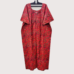 Vestido Kaftán de Algodón Indio con Cuello en V, Estilo Boho, Hecho a Mano con Estampado de Bloques, Corte Holgado y Evase para Mujer - Product Image 1