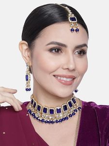 Gold Plated Alloy <b>Necklace</b> Earrings Set <b>Blue</b> Zircon Imitation Pearl Ethnic Wedding Jewelry Women's Fashion Jewelry Sets - Product Image 3