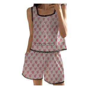 Conjunto de pijama de algodón para mujer con estampado floral a mano, camisón con encaje y pantalones cortos, ideal para primavera/verano, sin mangas, con estampado de bloques. - Product Image 5