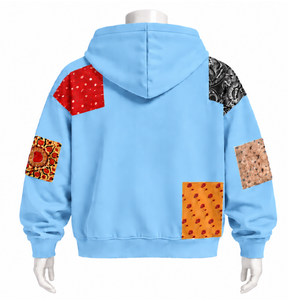 Sweat à capuche zippé oversize bleu ciel avec patchwork et imprimés, style streetwear décontracté pour homme - Product Image 2