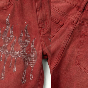 Men's Red Denim Shorts With Rhinestone Flame Design Mid Waist Casual Summer Style Woven Cotton Straight Leg - Product Image 5