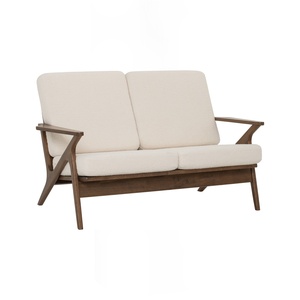Contemporary Modern Solid <b>Wood</b> <b>Frame</b> in Walnut Finish Double Seater <b>Sofa</b> with White Furry Fabric Upholstery for Living Room - Product Image 1